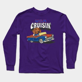 Funny and Cute Doxie Dachshund Dog driving a vintage auto cruising the USA Long Sleeve T-Shirt